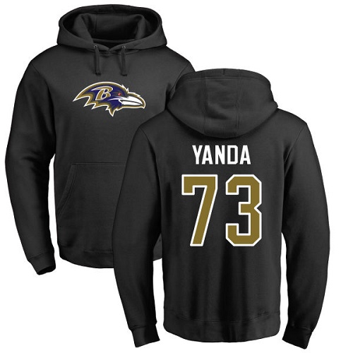 Men Baltimore Ravens Black Marshal Yanda Name and Number Logo NFL Football #73 Pullover Hoodie Sweatshirt